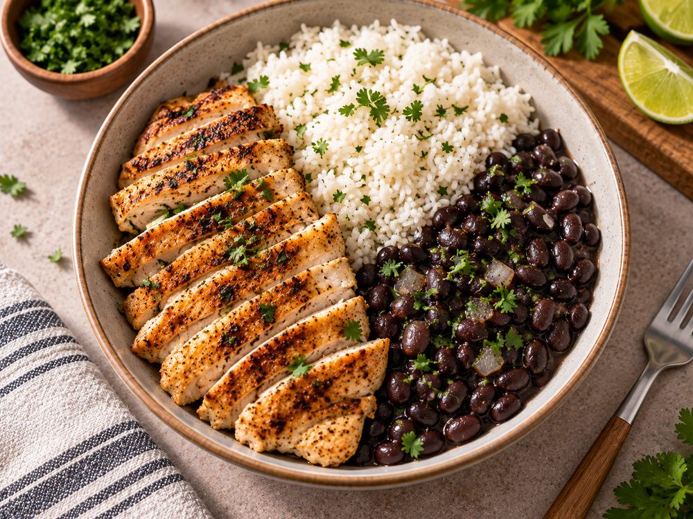 Bowl de pechuga con arroz y frijoles