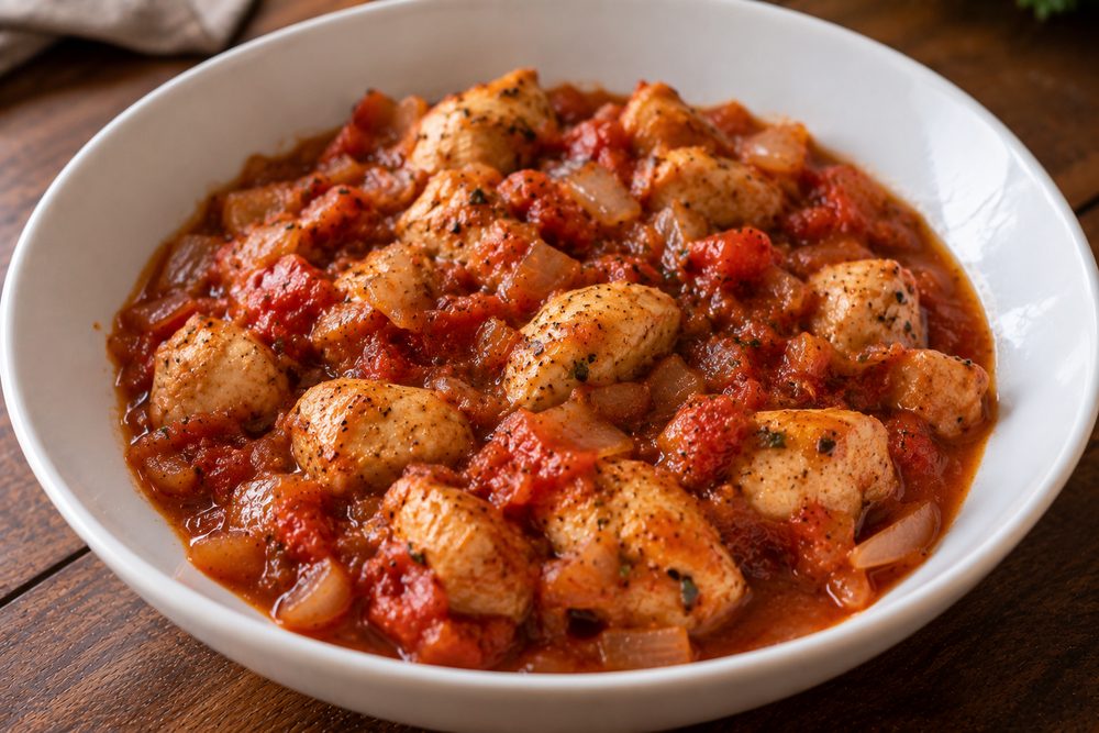 Pechuga guisada con tomate y cebolla
